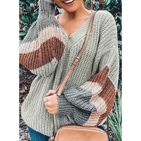 CLEARANCE‎ Chunky Gray Colorblock Striped Knit Pullover Long Sleeve Sweater - Picture 1 of 7